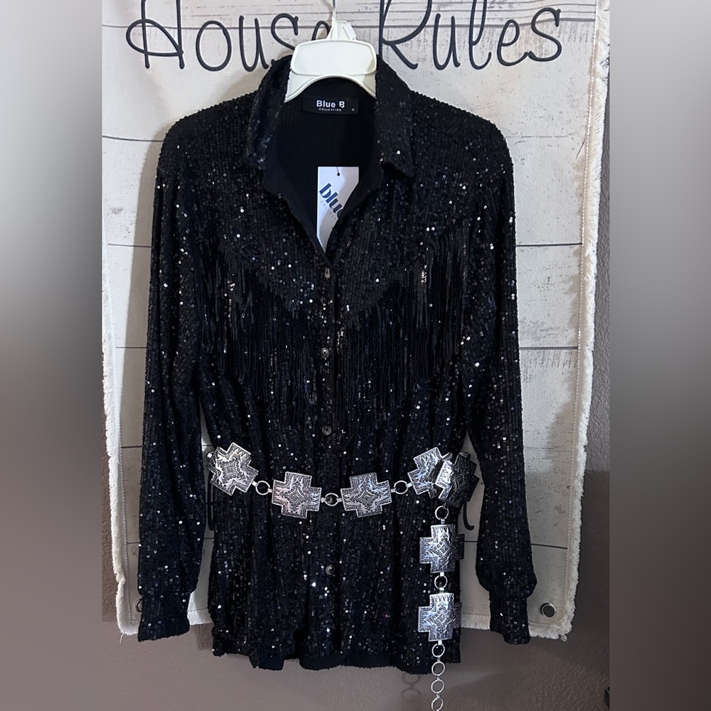BUCKLE Blue B collection MEDIUM Sequin fringe western shirt.BELT SOLD SEPARATELY
